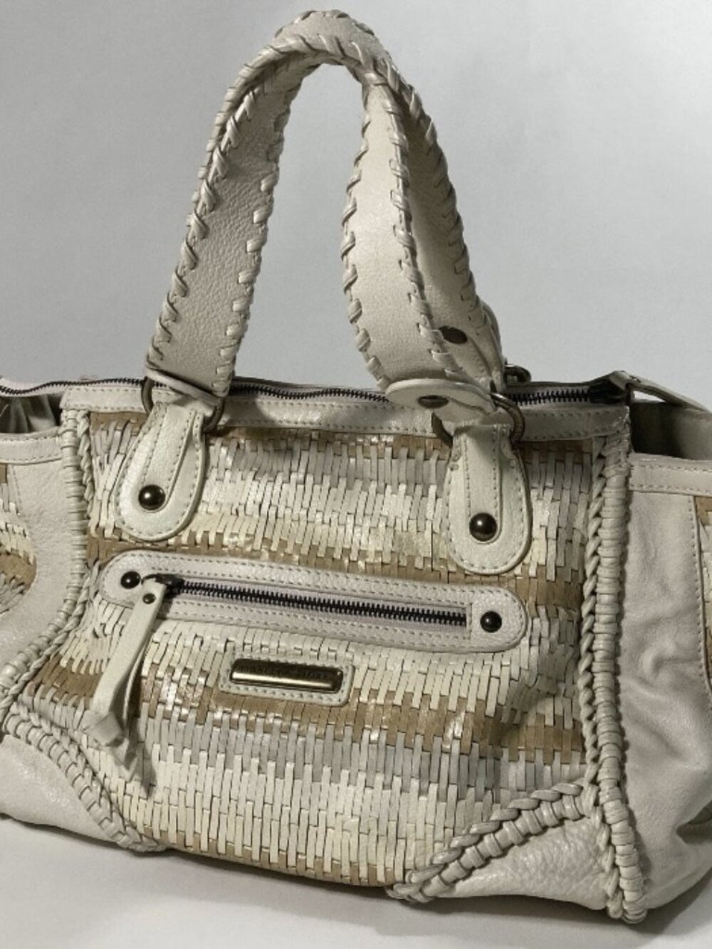 Isabella Fiore Woven Leather Top Handle Bag with Braided Straps